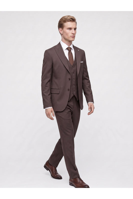 Erkek 3 Parça Slim Fit Çift Yırtmaçlı Takım Elbise Yelekli Şık Klasik Takım 6 Drop - Kahverengi