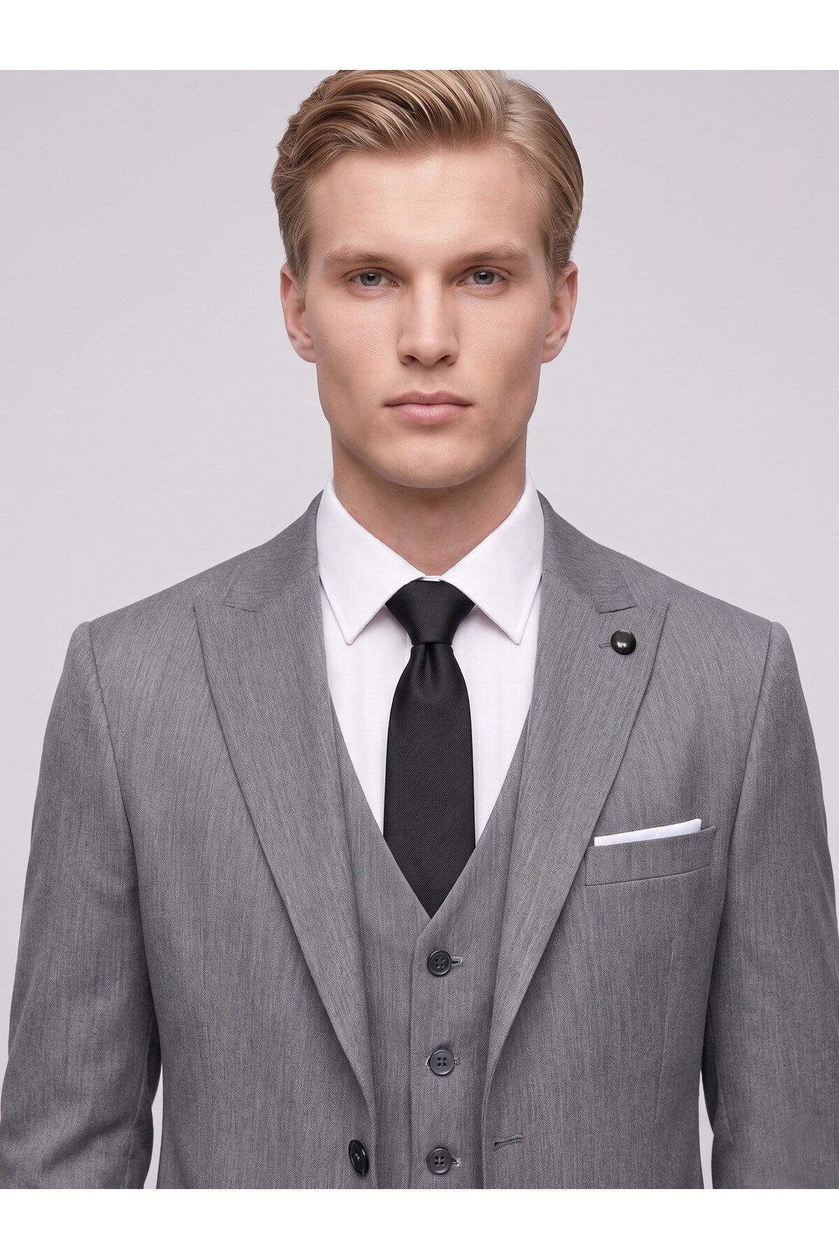 Erkek 3 Parça Slim Fit Çift Yırtmaçlı Takım Elbise Yelekli Şık Klasik Takım 6 Drop - Gri