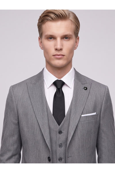 Erkek 3 Parça Slim Fit Çift Yırtmaçlı Takım Elbise Yelekli Şık Klasik Takım 6 Drop - Gri