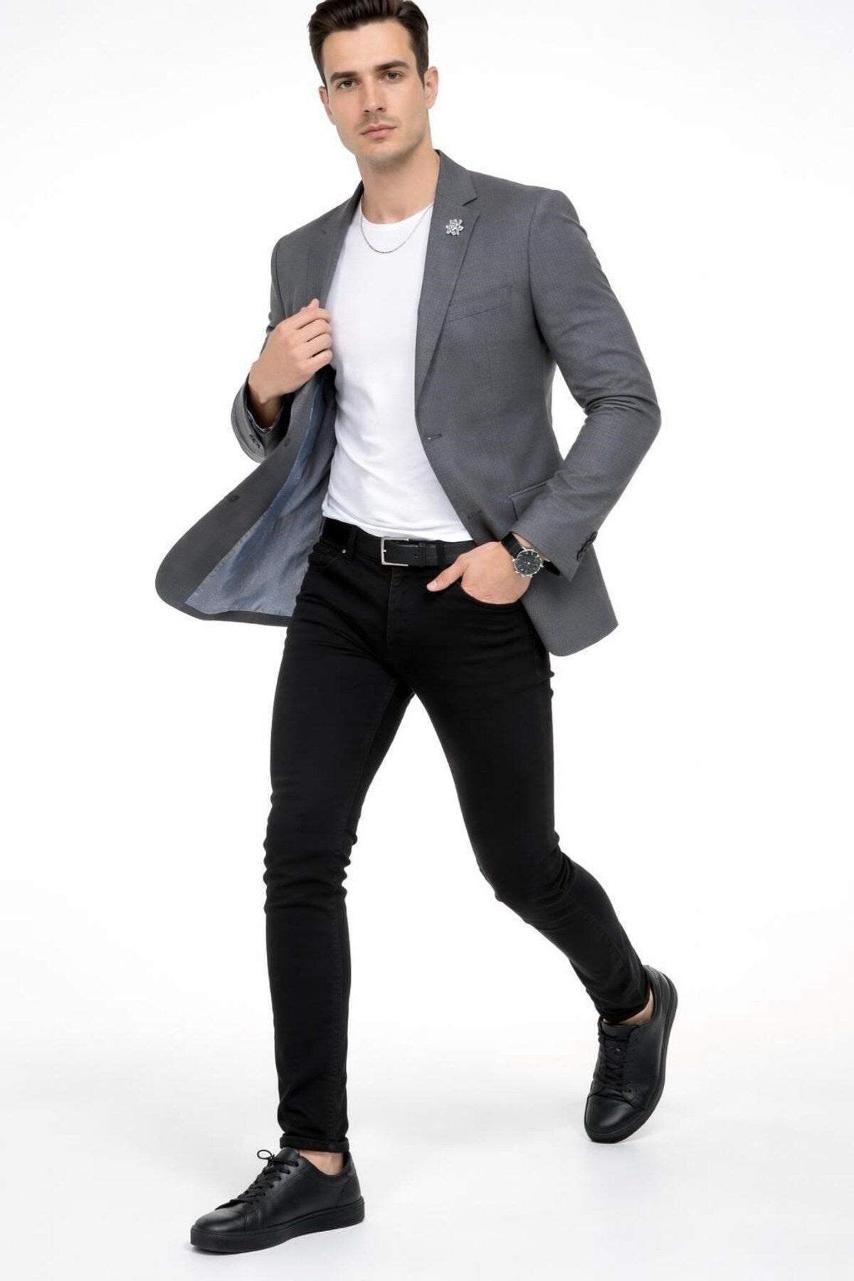 Erkek Mono Yaka Tek Düğmeli Çift Yırtmaçlı Blazer Ceket – Premium Dokuma Kumaş, 8 Renk - Gri