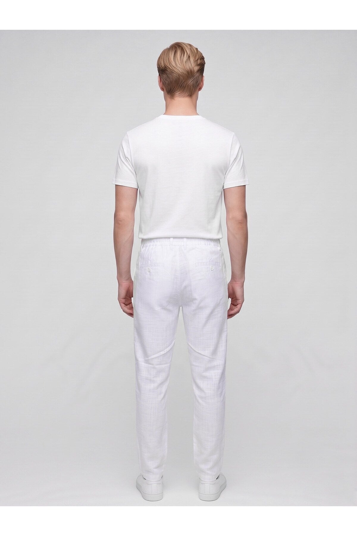 Erkek Keten Pantolon – Bağcıklı Bel, Slim Fit Rahat Kesim Yazlık Pantolon - Beyaz