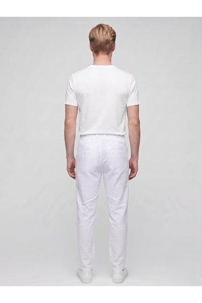 Erkek Keten Pantolon – Bağcıklı Bel, Slim Fit Rahat Kesim Yazlık Pantolon - Beyaz