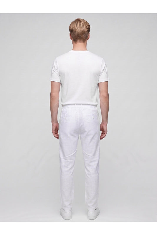 Erkek Keten Pantolon – Bağcıklı Bel, Slim Fit Rahat Kesim Yazlık Pantolon - Beyaz