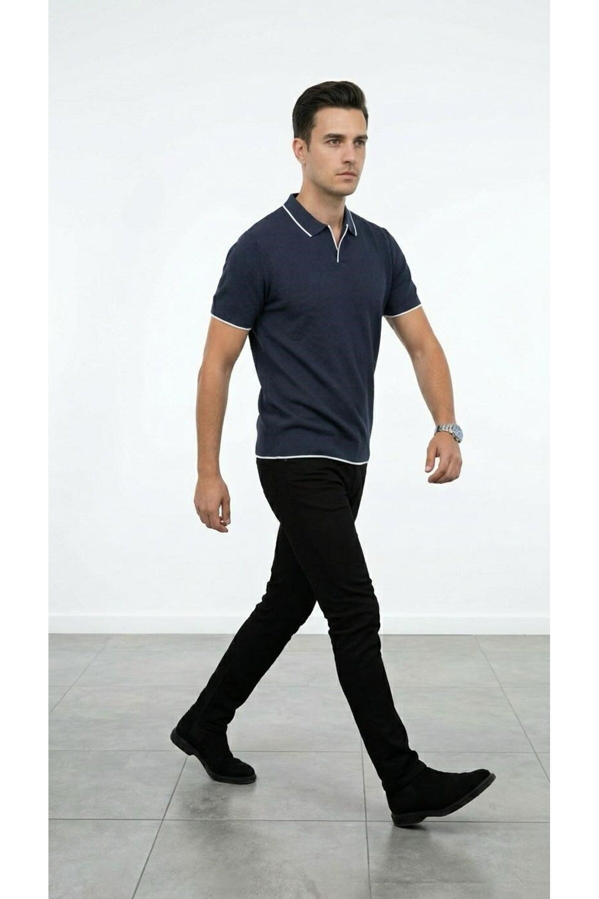 Erkek Pike Dokulu Triko Polo Yaka Tişört Slim Fit Şerit Detaylı Yazlık Model - Lacivert