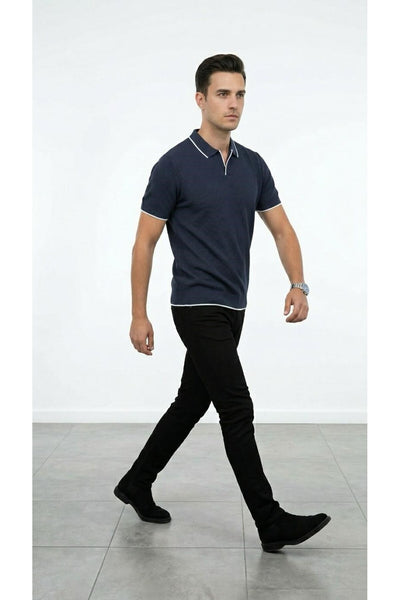 Erkek Pike Dokulu Triko Polo Yaka Tişört Slim Fit Şerit Detaylı Yazlık Model - Lacivert