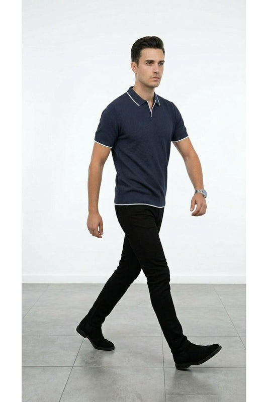 Erkek Pike Dokulu Triko Polo Yaka Tişört Slim Fit Şerit Detaylı Yazlık Model - Lacivert