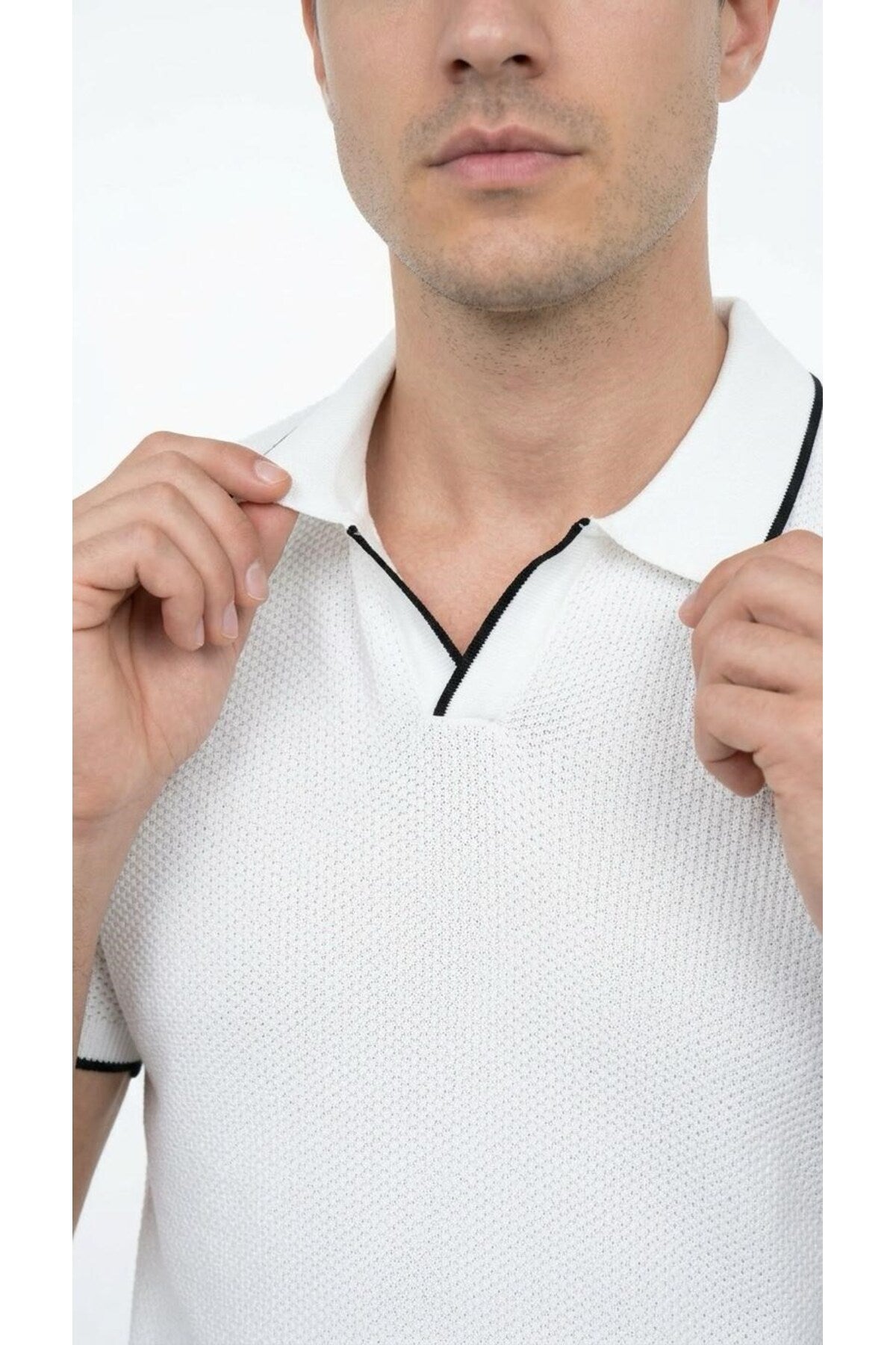 Erkek Pike Dokulu Triko Polo Yaka Tişört Slim Fit Şerit Detaylı Yazlık Model - Beyaz