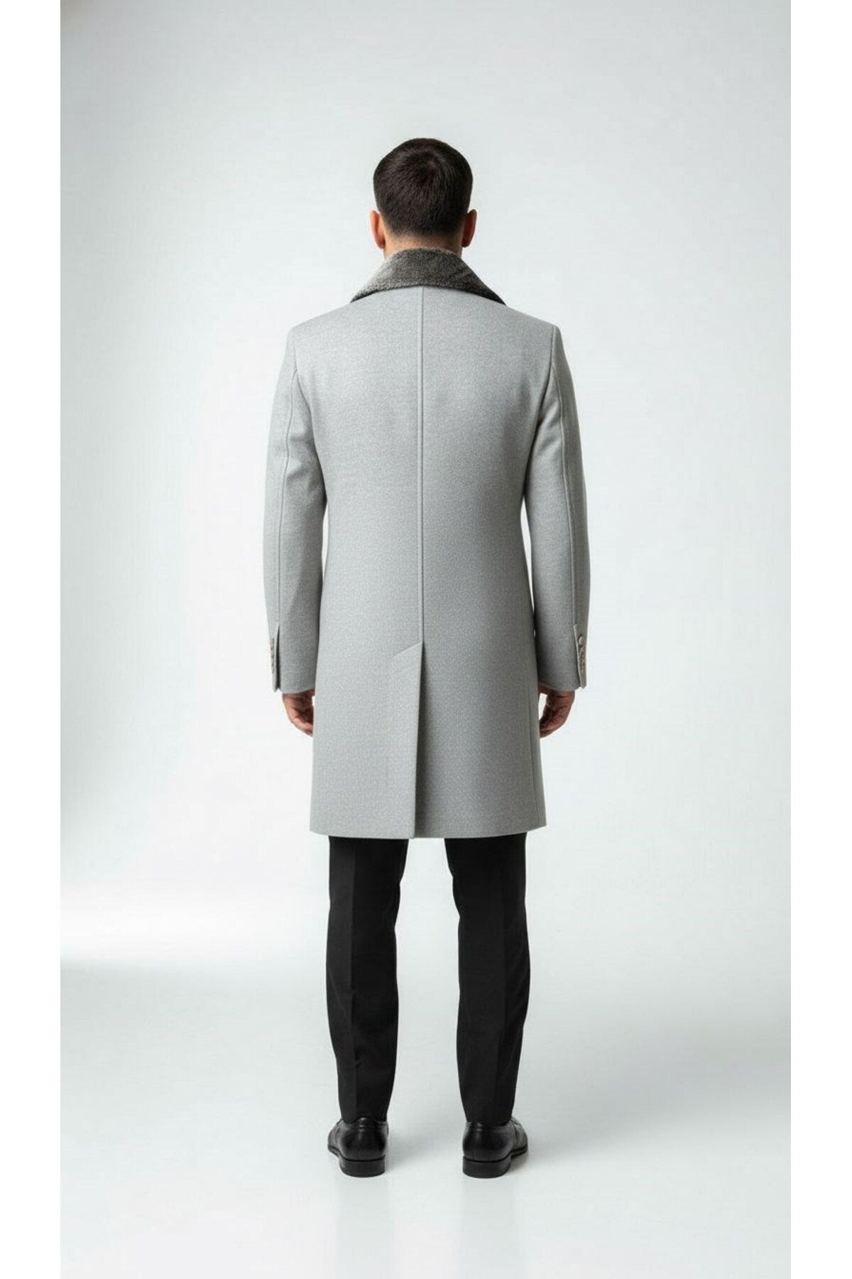Erkek Uzun Kaşe Kaban – Çıkartılabilir Kürk Yaka, Astarlı ve Cepli Slim Fit Mont (Bej, - Gri