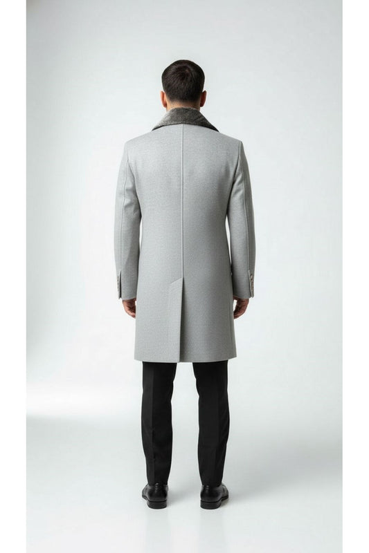 Erkek Uzun Kaşe Kaban – Çıkartılabilir Kürk Yaka, Astarlı ve Cepli Slim Fit Mont (Bej, - Gri