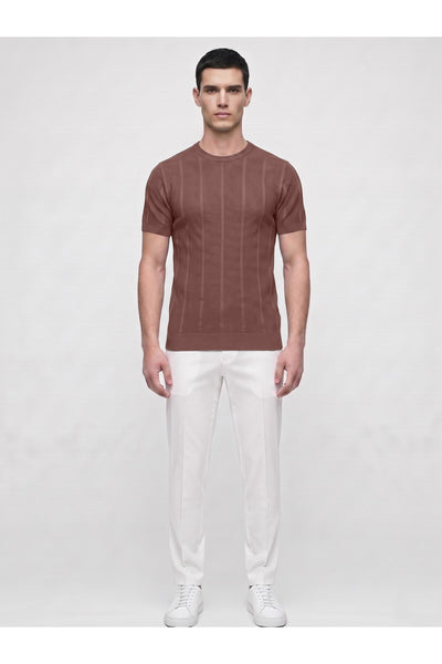Erkek Bisiklet Yaka Kısa Kollu Triko Tişört – Dokulu Örgü Modern Kesim Yazlık T-Shirt - Kahverengi