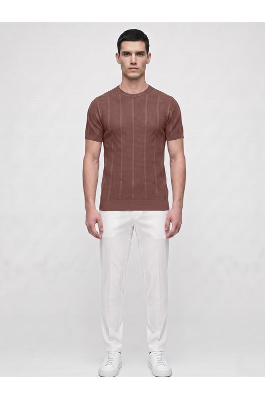 Erkek Bisiklet Yaka Kısa Kollu Triko Tişört – Dokulu Örgü Modern Kesim Yazlık T-Shirt - Kahverengi