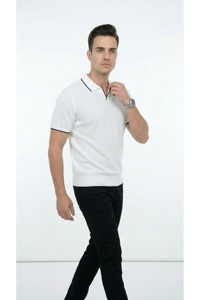 Erkek Pike Dokulu Triko Polo Yaka Tişört Slim Fit Şerit Detaylı Yazlık Model - Beyaz