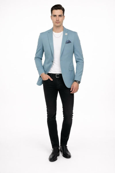 Erkek Mono Yaka Tek Düğmeli Çift Yırtmaçlı Blazer Ceket – Premium Dokuma Kumaş, 8 Renk - Turkuaz