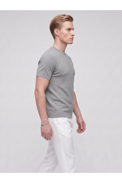 Erkek Bisiklet Yaka Kısa Kollu Triko Tişört – Slim Fit Modern Kesim Yazlık T-Shirt - Gri