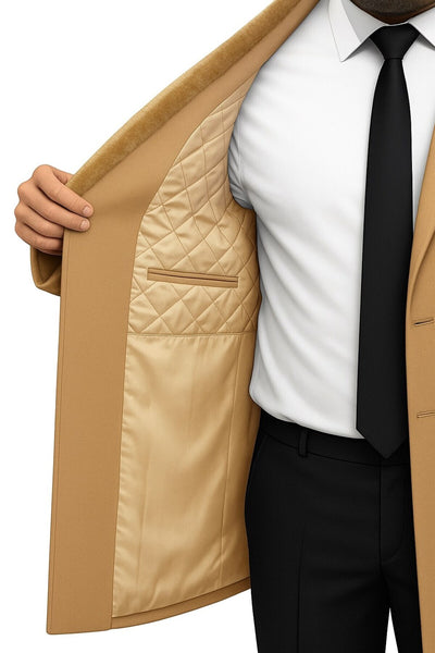 Erkek Uzun Kaşe Kaban – Çıkartılabilir Kürk Yaka, Astarlı ve Cepli Slim Fit Mont (Bej, - Bej