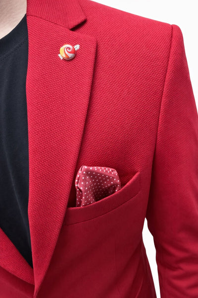 Erkek Kırmızı Armürlü Kumaş Blazer Ceket – Tek Düğmeli, Mono Yaka, Çift Yırtmaçlı Slim Fit - Kırmızı