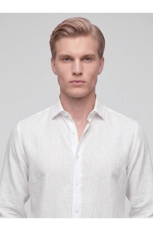 Erkek Keten Müslin Gömlek – Slim Fit Düğmeli Yaka Uzun Kollu Yazlık Gömlek - Beyaz