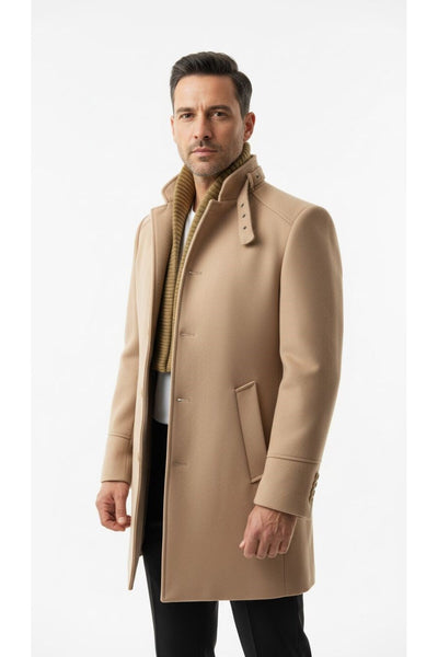 Erkek Slim Fit Kaşe Kaban – Çıkarılabilir Ribanalı Fermuarlı Yaka, S–XXL - Bej