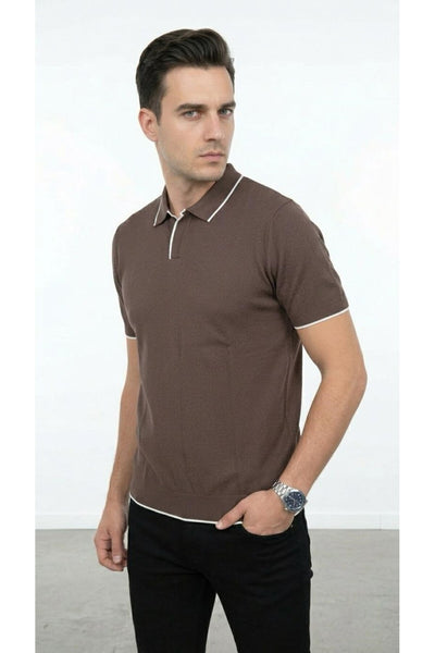 Erkek Pike Dokulu Triko Polo Yaka Tişört Slim Fit Şerit Detaylı Yazlık Model - Kahverengi