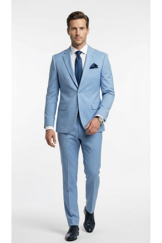 Erkek 3 Parça Slim Fit Takım Elbise –Klasik Likralı Kumaş, Tek Düğme, Çift Yırtmaçlı Modern Kesim ( - Mavi