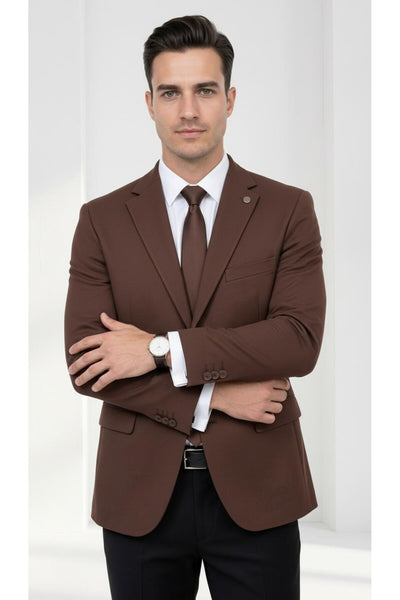 Slim Fit Mikro Desenli Erkek Ceket Yazlık Pike Kumaş Çift Yırtmaç Blazer - Kahverengi