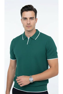 Erkek Pike Dokulu Triko Polo Yaka Tişört Slim Fit Şerit Detaylı Yazlık Model - Yeşil