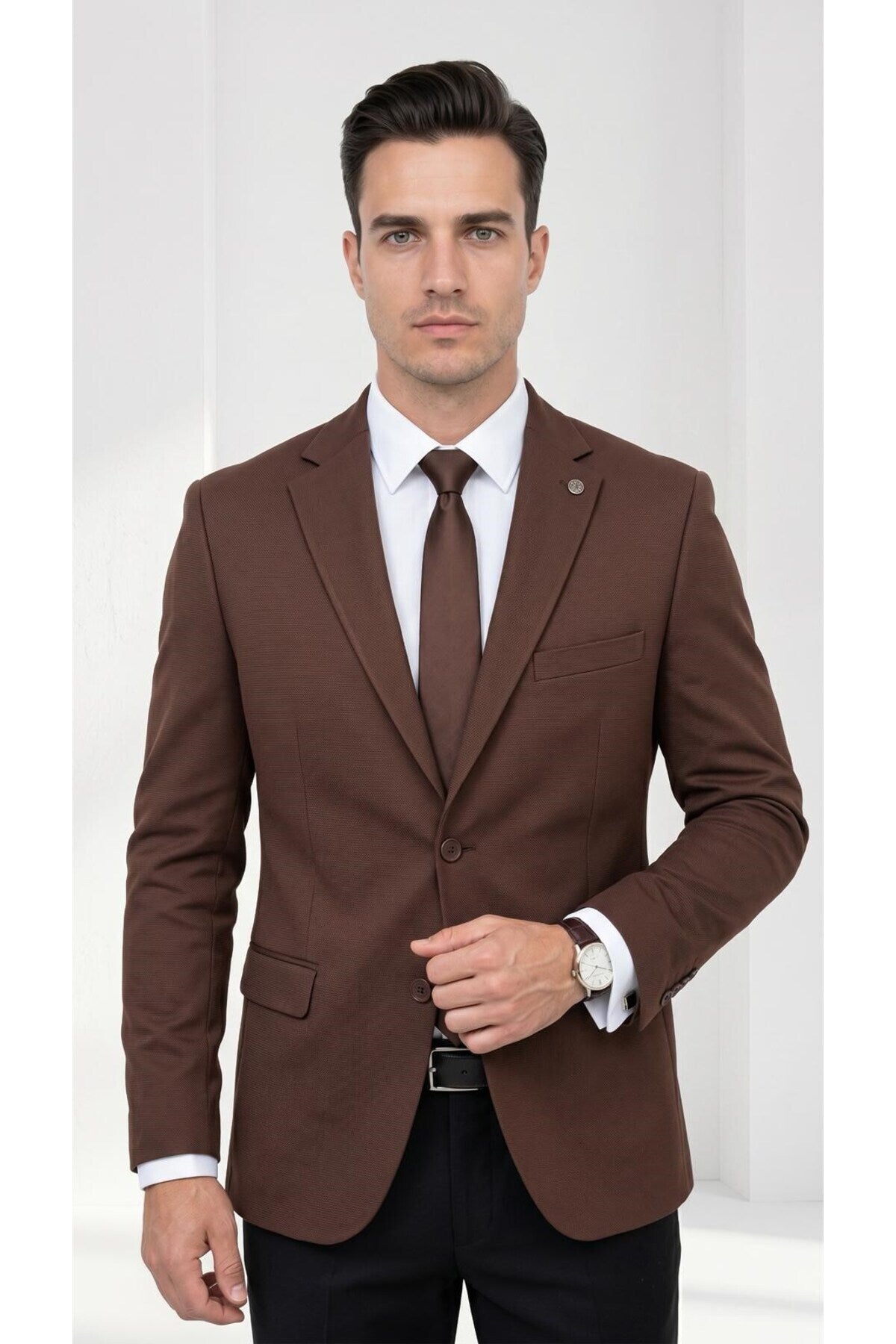 Slim Fit Mikro Desenli Erkek Ceket Yazlık Pike Kumaş Çift Yırtmaç Blazer - Kahverengi