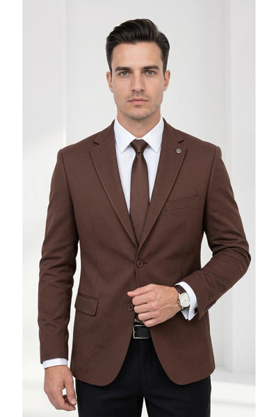 Slim Fit Mikro Desenli Erkek Ceket Yazlık Pike Kumaş Çift Yırtmaç Blazer - Kahverengi