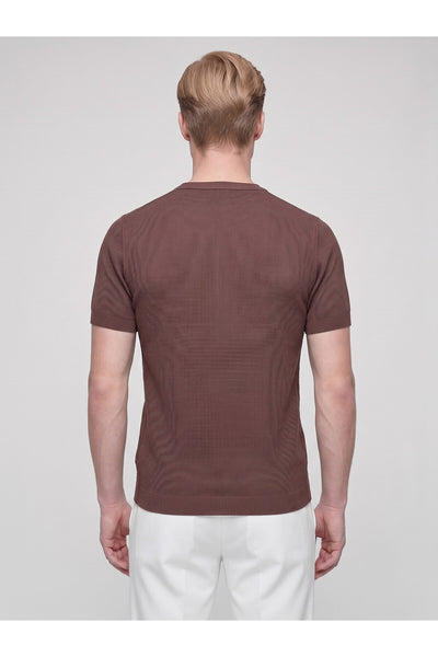 Erkek Bisiklet Yaka Kısa Kollu Triko Tişört – Slim Fit Modern Kesim Yazlık T-Shirt - Kahverengi