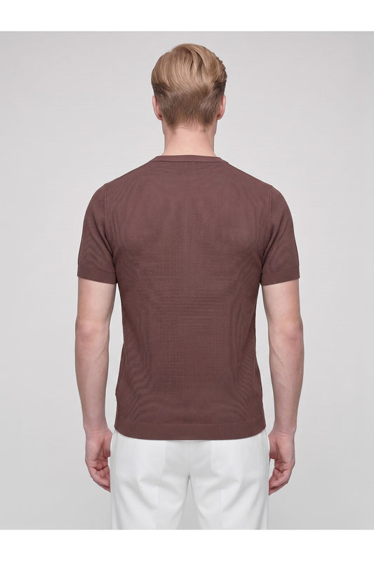 Erkek Bisiklet Yaka Kısa Kollu Triko Tişört – Slim Fit Modern Kesim Yazlık T-Shirt - Kahverengi