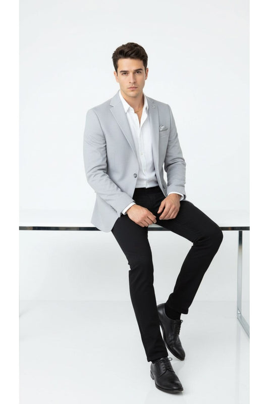 Erkek Açık Gri Blazer Ceket – Slim Fit, Şık ve Hafif Kumaş, Tek Düğmeli - Gri