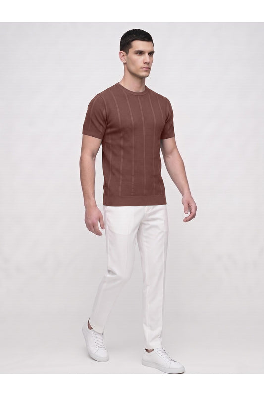 Erkek Bisiklet Yaka Kısa Kollu Triko Tişört – Dokulu Örgü Modern Kesim Yazlık T-Shirt - Kahverengi