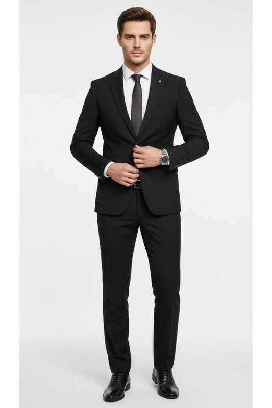 Erkek Slim Fit Mikro Desenli Takım Elbise 2 Düğmeli Çift Yırtmaçlı Modern Ceket Pantolon Takım - Siyah