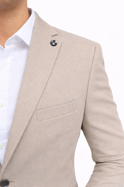 Slim Fit Mikro Desenli Erkek Ceket Yazlık Pike Kumaş Çift Yırtmaç Blazer - Bej