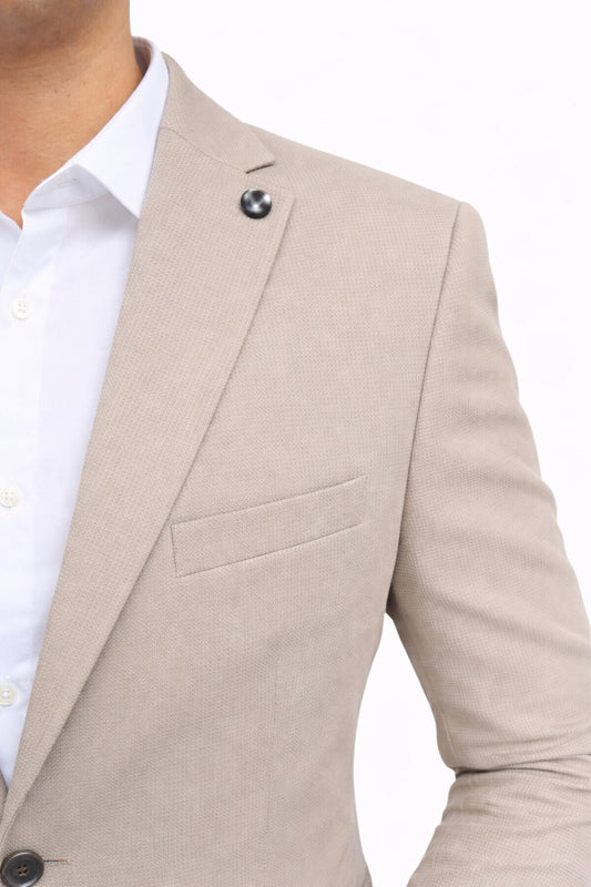 Slim Fit Mikro Desenli Erkek Ceket Yazlık Pike Kumaş Çift Yırtmaç Blazer - Bej