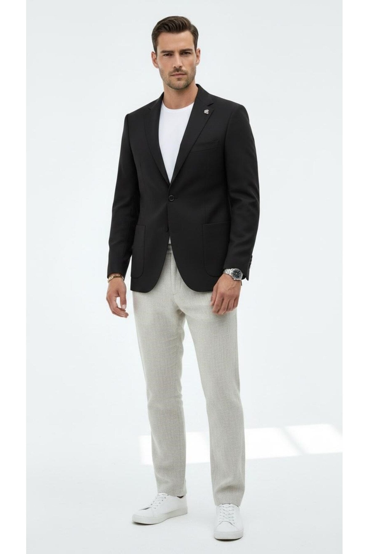 Erkek Slim Fit Blazer Ceket Tek Düğmeli Çift Yırtmaçlı Torba Cepli Yarım Astarlı - Siyah