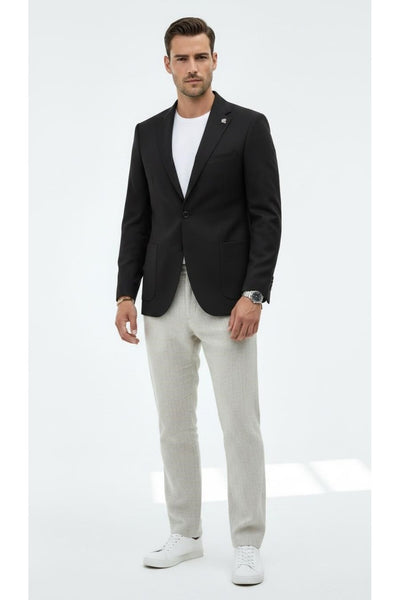 Erkek Slim Fit Blazer Ceket Tek Düğmeli Çift Yırtmaçlı Torba Cepli Yarım Astarlı - Siyah
