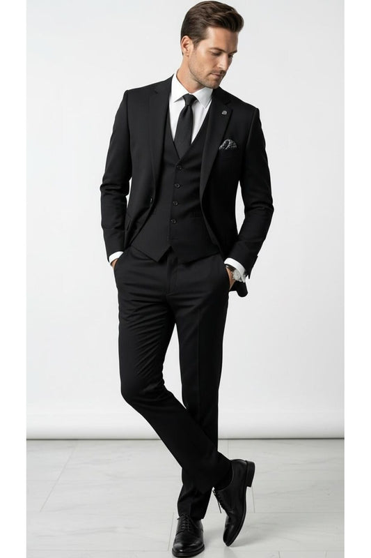 Erkek 3 Parça Slim Fit Takım Elbise –Klasik Likralı Kumaş, Tek Düğme, Çift Yırtmaçlı Modern Kesim ( - Siyah