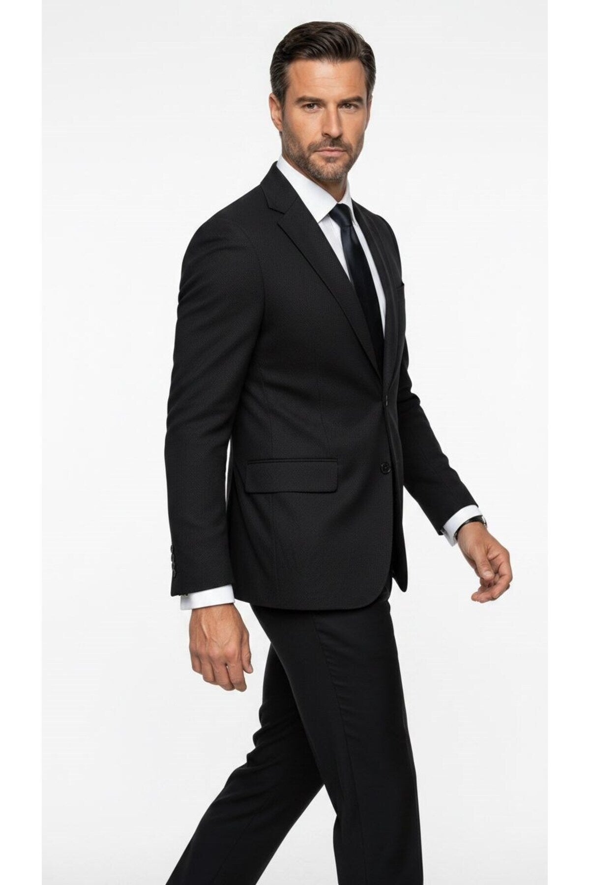 Erkek Slim Fit Çift Düğme Çift Yırtmaçlı Blazer Ceket – Premium Dokulu Kumaş - Siyah