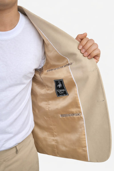 Erkek Slim Fit Mikro Desenli Takım Elbise 2 Düğmeli Çift Yırtmaçlı Modern Ceket Pantolon Takım - Bej