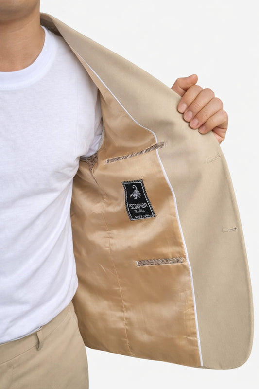 Erkek Slim Fit Mikro Desenli Takım Elbise 2 Düğmeli Çift Yırtmaçlı Modern Ceket Pantolon Takım - Bej