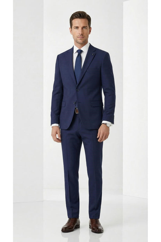 Erkek Klasik 2’li Takım Elbise 2 Düğmeli Slim Fit Esnek Kumaş Çift Yırtmaçlı 7 Drop - Lacivert