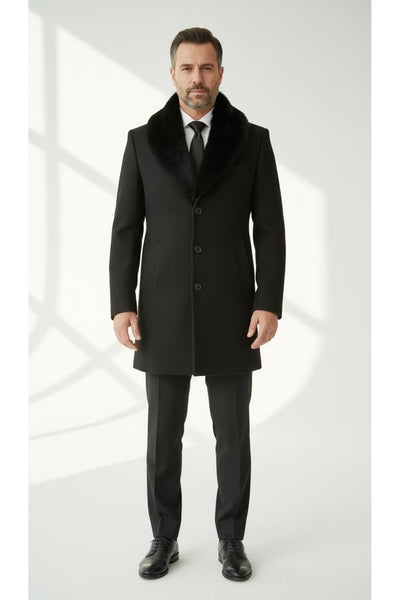 Erkek Uzun Kaşe Kaban – Çıkartılabilir Kürk Yaka, Astarlı ve Cepli Slim Fit Mont (Bej, - Siyah