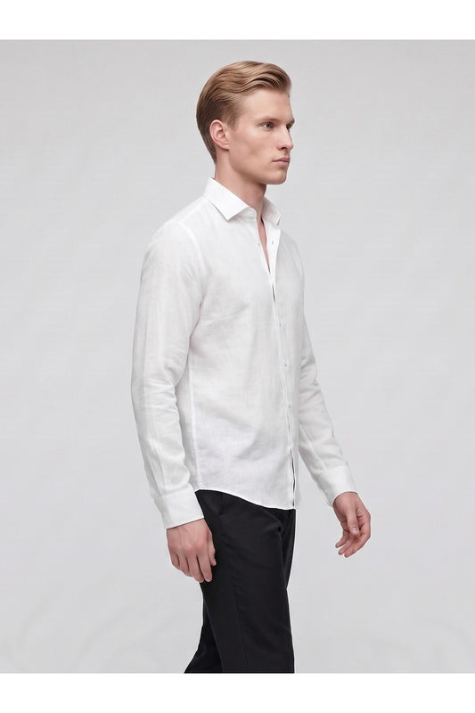 Erkek Keten Müslin Gömlek – Slim Fit Düğmeli Yaka Uzun Kollu Yazlık Gömlek - Beyaz