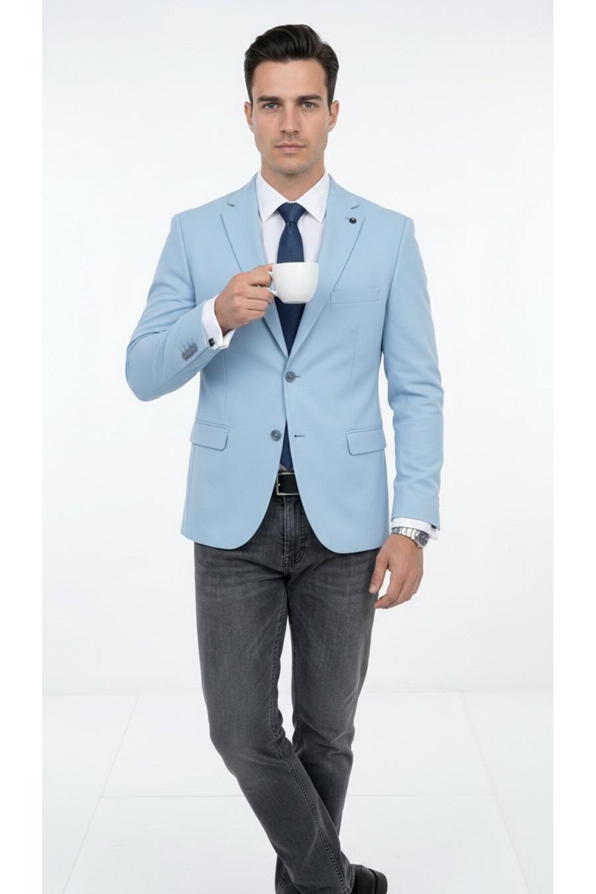 Slim Fit Mikro Desenli Erkek Ceket Yazlık Pike Kumaş Çift Yırtmaç Blazer - Mavi