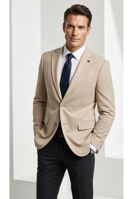 Erkek Slim Fit Çift Düğme Çift Yırtmaçlı Blazer Ceket – Premium Dokulu Kumaş - Bej