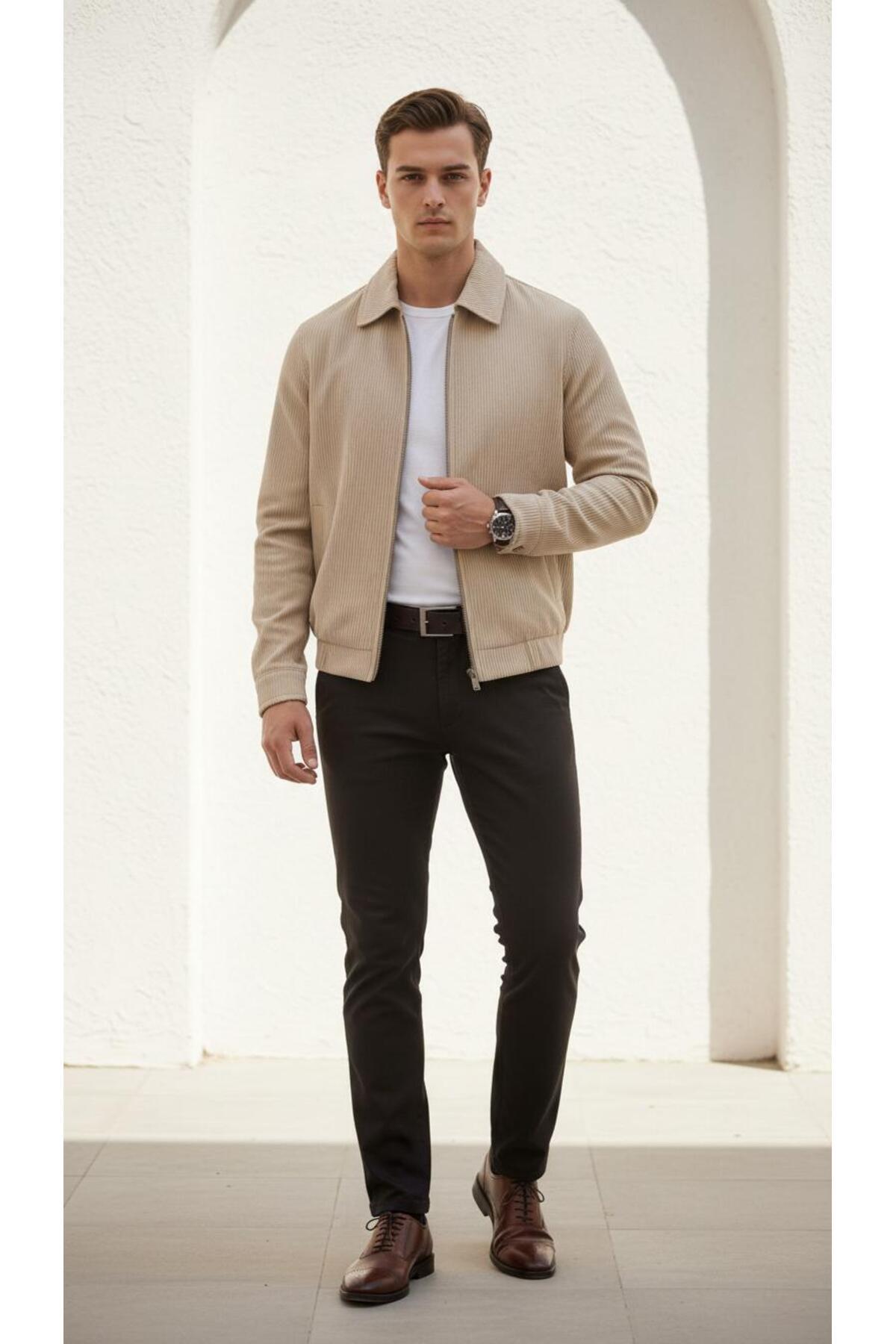 Slim Fit Fitilli Dokulu Erkek Fermuarlı Mont Ceket Günlük Şık Kombin - Bej