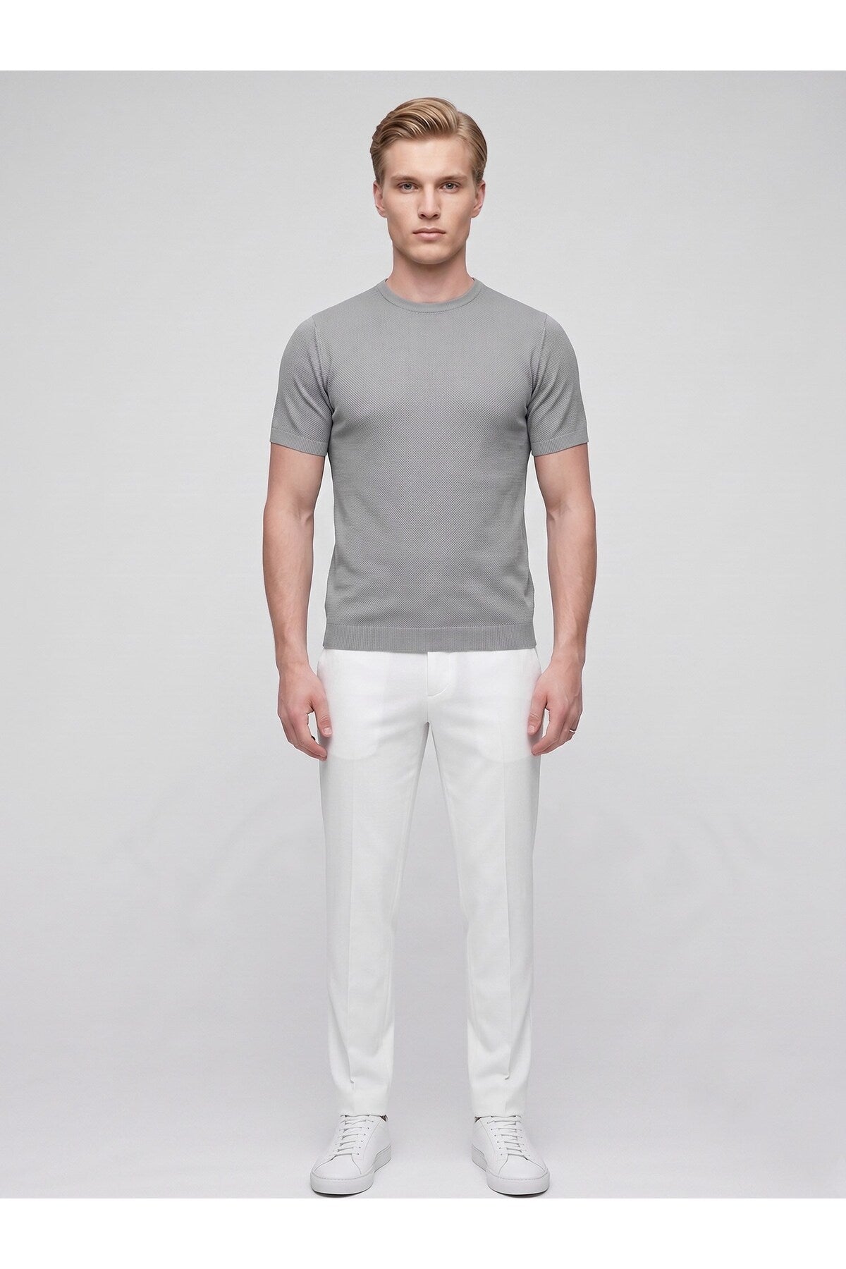 Erkek Bisiklet Yaka Kısa Kollu Triko Tişört – Slim Fit Modern Kesim Yazlık T-Shirt - Gri