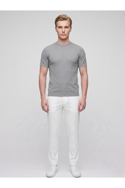 Erkek Bisiklet Yaka Kısa Kollu Triko Tişört – Slim Fit Modern Kesim Yazlık T-Shirt - Gri