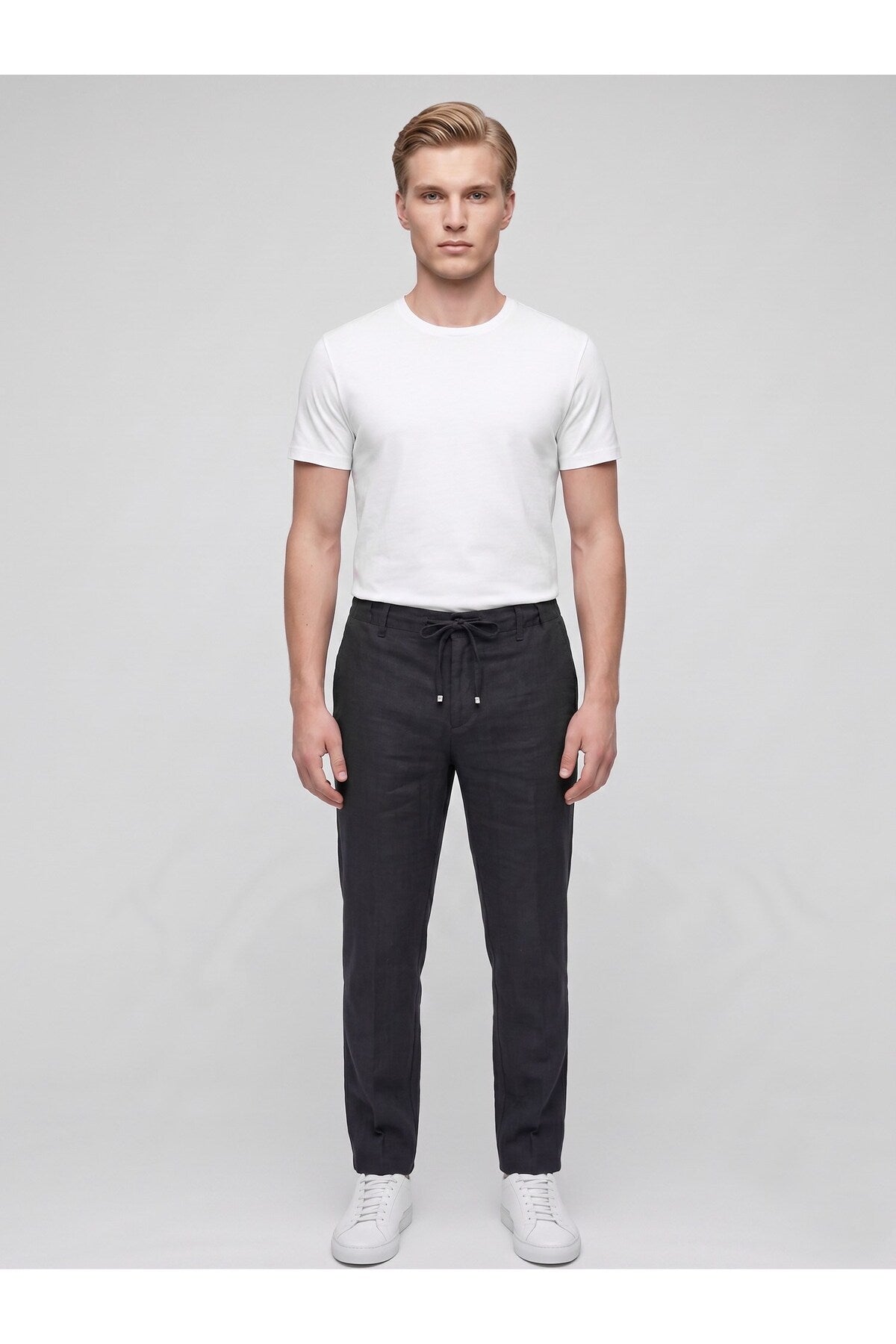 Erkek Keten Pantolon – Bağcıklı Bel, Slim Fit Rahat Kesim Yazlık Pantolon - Siyah
